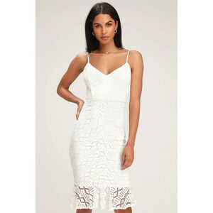 NWT Lulu’s Dancing Slow Cream Lace Ruffled Bodycon Dress Nylon Stretch Size XL